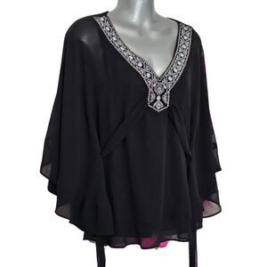 White House Black Market Size XS Dressy Capelet Chiffon Blouse  Embroidered